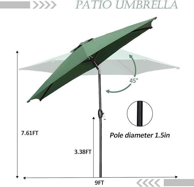 HYD-Parts 9FT Patio Umbrella Outdoor Table Umbrella,Market Umbrella with Push Button Tilt and Crank for Garden, Lawn, Deck, Backyard & Pool, No Base (Green)