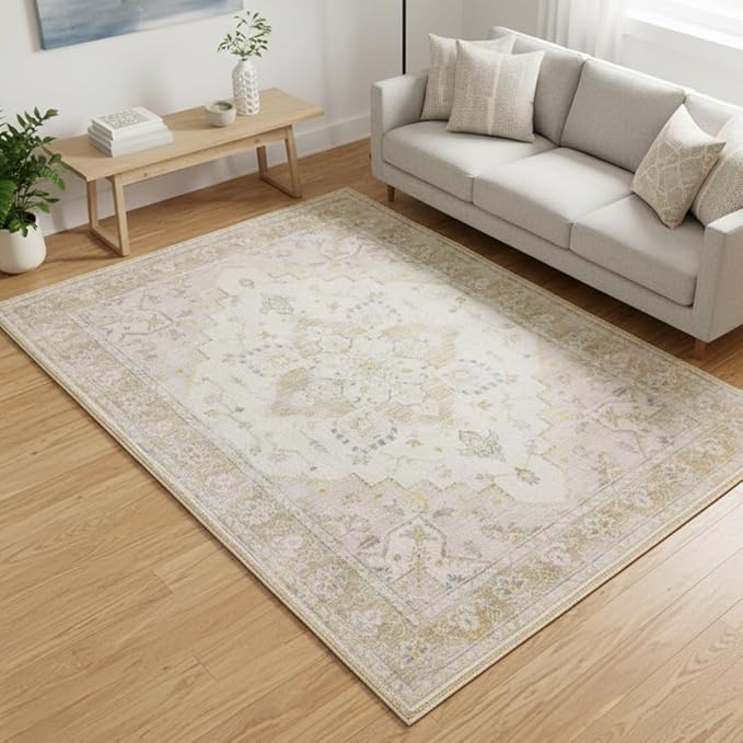 Muddy Mat짰 Champagne 3ft x 5ft Washable Area Rugs for Living Room, Bedroom & Dining Room ??Modern Soft Low Pile Non Slip Carpet ??Pet Friendly Waterproof Foldable Rugs for Home