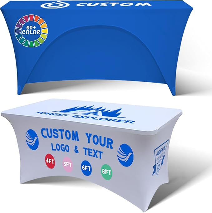 Personalized Table Cloth with Logo Image Customized Tablecloth 4FT/5FT/6FT/8FT Spandex Customized Table Cover Promotional Business Tradeshow Events Birthday Party Wedding (6FT Spandex(Open back))