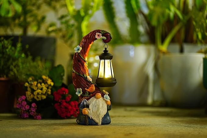 Gnome Garden Decor Statue Solar Gnomes Decorations for Yard with Lantern Light Outdoor Decorations for Patio Mom Gift