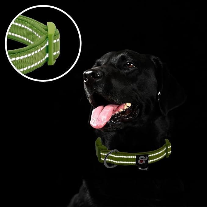 azuza Reflective Dog Collar, Soft Neoprene Padded Pet Collar with ID Tag Ring, Adjustable for Medium Dogs,Army Green,M