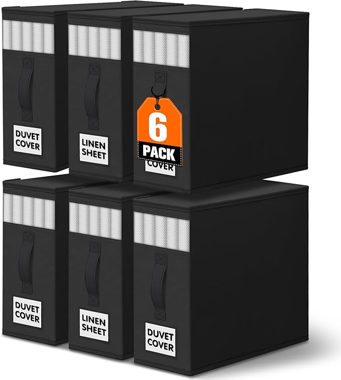 WOWBOX Sheet Organizers and Storage,Closet Bed Sheet Organizer Under Bed Storage and Organization with Label Cards & Clear Window for Bedding Sheets,Duvet Covers,Blankets (6 Pack，Black)