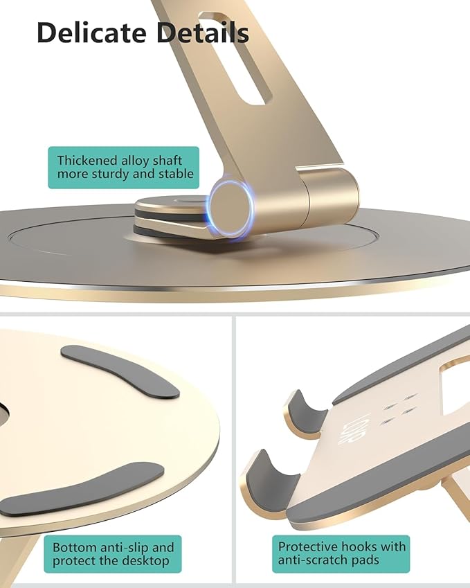 Ultra-Stable Aluminumy Laptop Stand for Desk with Foldable Phone Holder, 300% Large Base Stability, Anti-Loosening,Suitable for 10"-17.3" Laptops, Champagne Golden