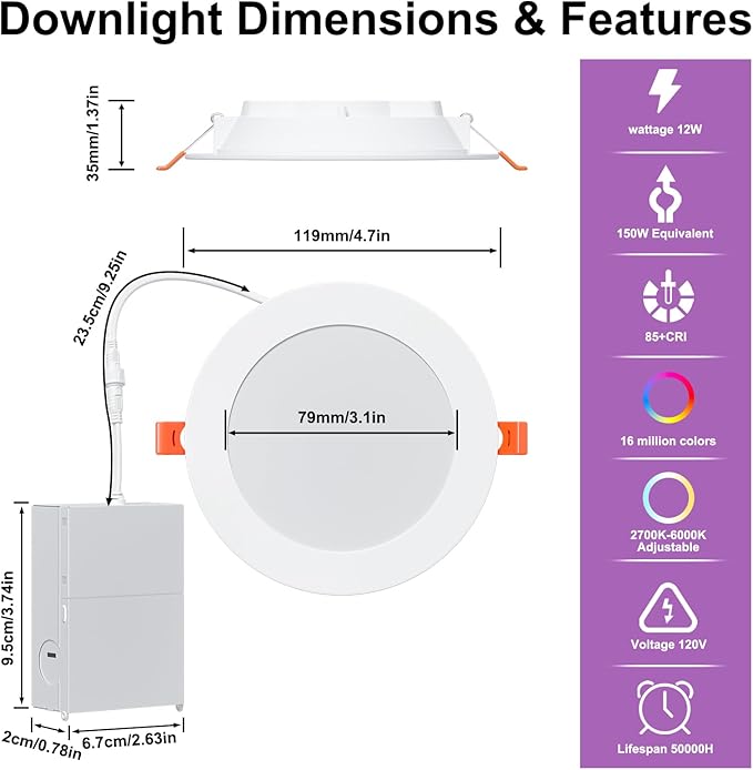 Smart Recessed Lighting 4 Inch RGBCW Color Changing 12W LED Downlight with Junction Box,1080 Lumen Recessed Ceiling Light Compatible with Alexa,Dimmable by Bluetooth Control -6Pack