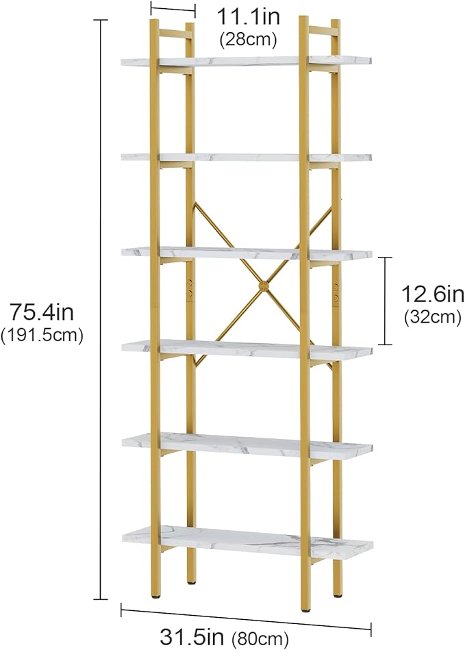 6 Tiers Bookshelf Organizer White Faux Marble Shelf,Modern Open Display Storage Bookcase, and Metal Bookshelf Standing Storage Shelf Tall Shelving Units for Home Office Study