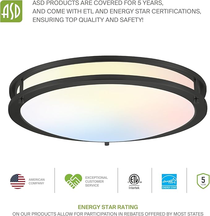 ASD LED 14" Round Flush Mount Lighting, Close to Ceiling Light Fixture | 3CCT, Dimmable, Energy Star, ETL Listed | 21W 1675LM 3000-5000K 120V | Low Profile Double Ring Lamp | Black, 4 Pack