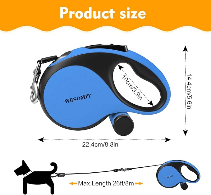 Retractable Dog Leash with Chew Proof Cable, 26Ft Heavy Duty Dog Leash for Medium Large Dogs up to 110lbs, 360째 No Tangle, One-Handed Brake (Blue)