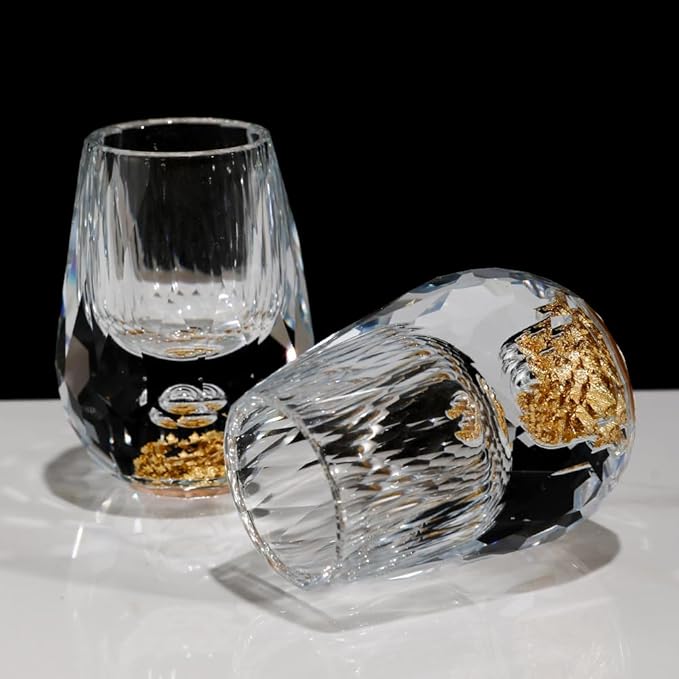 SIYOUKI Crystal Shot Glasses 0.5oz Set ，Decorated With 24K Gold Leaf Flakes, Lead-Free,Handmade Set Suitable For MaoTai,Spirits,Drinks Tastin, Gift-Box Packaging (Diamond-2PCS)