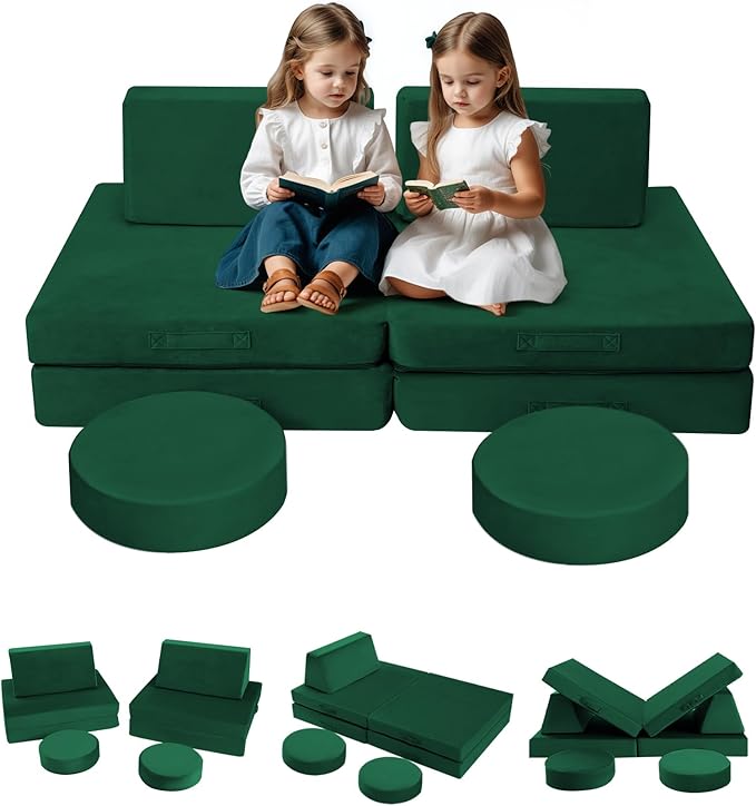 MeMoreCool 8-Piece Modular Kids Play Couch – Green Convertible Foam Toddler Sofa for Playroom, Fold-Out Baby Couch Play Set