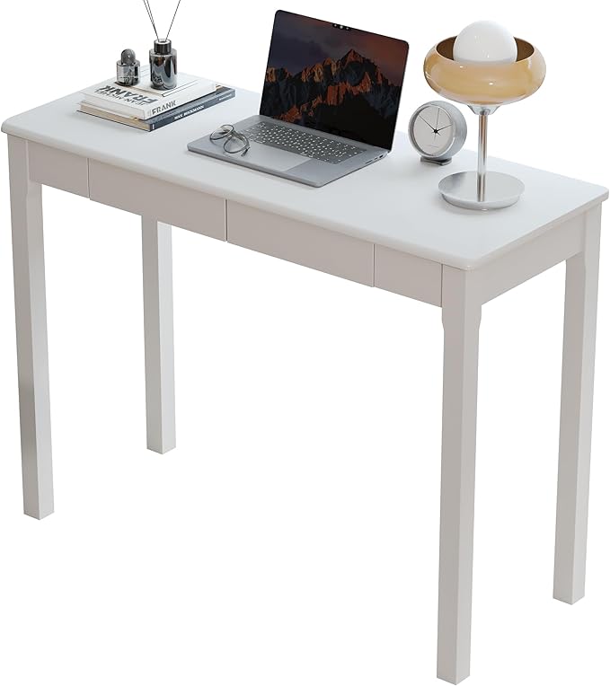 Solid Wood Desk with Drawers - 39 x 16 Inch Narrow Desks, Mid Century Modern Desks, Rubber Wood Study Table, Small Writing Desk for Small Spaces|Bedroom - White