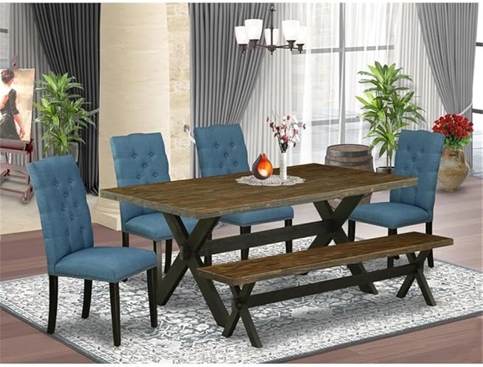 East West Furniture X677EL121-6 6 Piece Dining Set Contains a Rectangle Dining Room Table with X-Legs and 4 Blue Linen Fabric Parson Chairs with a Bench, 40x72 Inch, Multi-Color