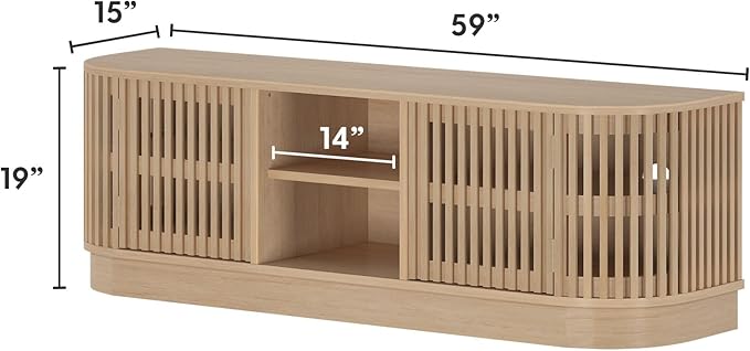 Plank+Beam Contour Wood TV Stand, Solid Wood Entertainment Console with Storage, 59" L x 16" W x 19" H, Blonde