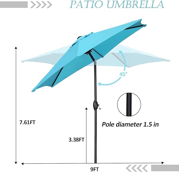 HYD-Parts 9FT Patio Umbrella Outdoor Table Umbrella,Market Umbrella with Push Button Tilt and Crank for Garden, Lawn, Deck, Backyard & Pool, with a Base (Blue)