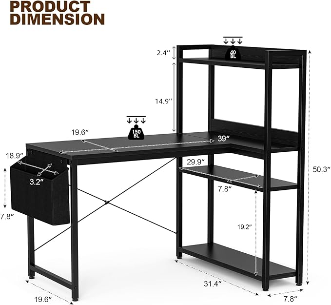 47 Inch L Shaped Computer Desk with Reversible Storage Shelves, Home Office Corner Desk Study Writing Table with Hutch, Study, Black