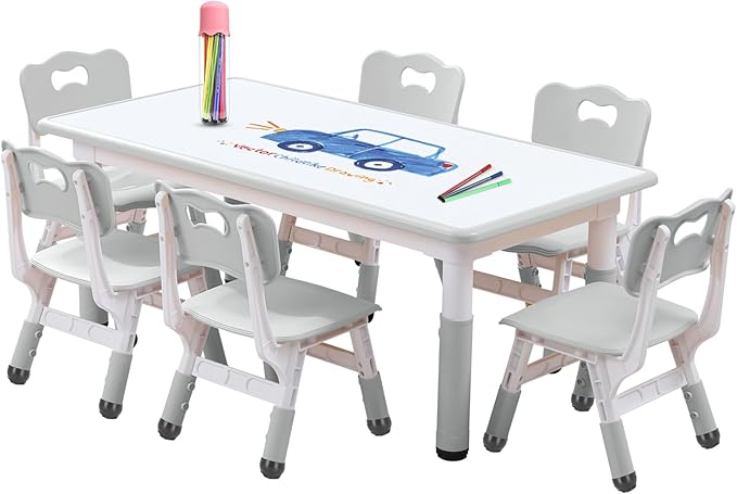 Kids Table and Chair Set, Snow Grey, Upgraded Plastic, 47.2x28.0 inches, Adjustable Height, Whiteboard Style, Includes 12 Color Pens