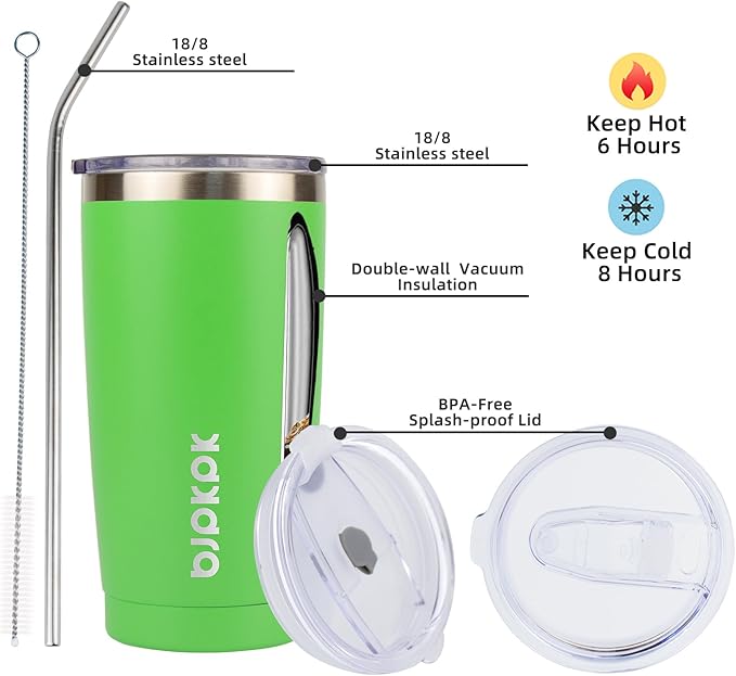 BJPKPK 20oz Tumbler with Lid and Straw Stainless Steel Tumbler Cup Vacuum Insulated Double Wall Travel Coffee Mug,Green
