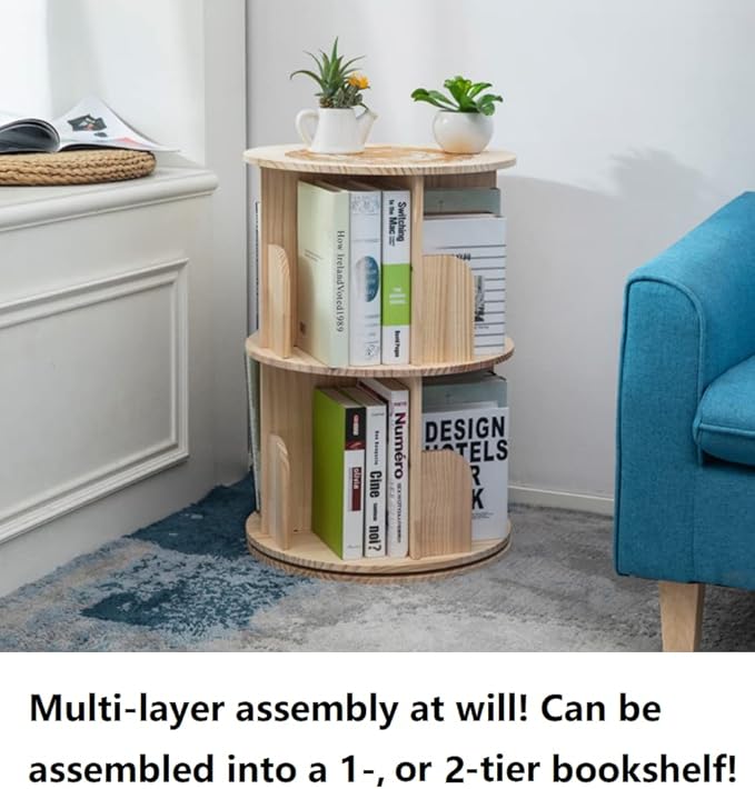 Heehee Wooden Rotating Bookshelf 360 Display Floor Standing Bookcase Storage Rack for Kids&Adults Multi-Functional Bookshelf Organizer (2-Tier)