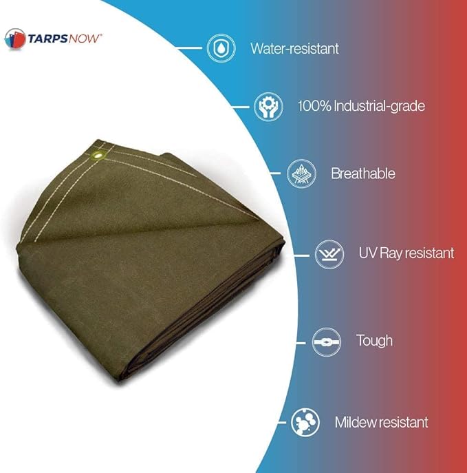 Tarps Now 16x20 ft Heavy Duty Canvas Tarp| 18 MIL Industrial Grade Fabric, Tear Resistance, Reinforced Edges, Brass Grommets | Ideal for Construction, Trucking, Manufacturing, Automotive –Olive Color