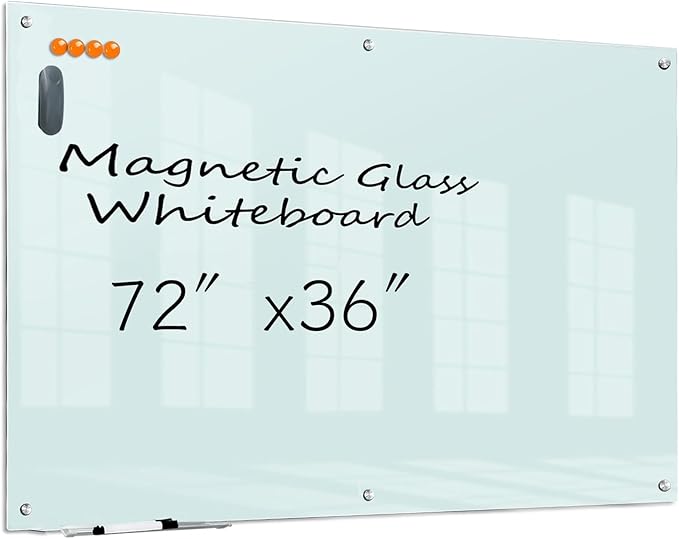 KIZZBY Glass Dry Erase Board - Magnetic Whiteboard, 72"X36" Frameless White Board Clear Glass Boards with Super Strong Magnets, Wall Mounted for Office, Classroom and Home