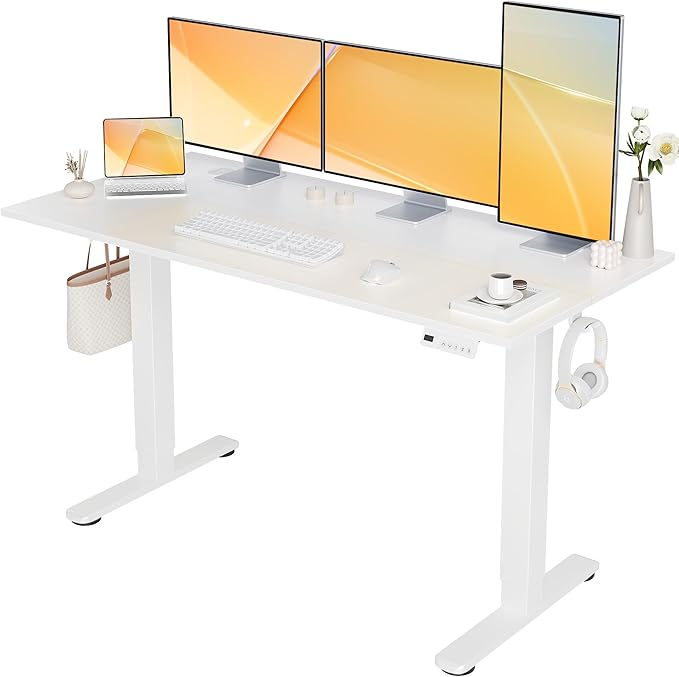 Seang Electric Standing Desk Adjustable Height, 55 x 24 Inch Sit Stand Desk with T-Shaped Frame, 3 Memory Presets & Cable Management for Home Office Computer Workstation, White Frame/White Top