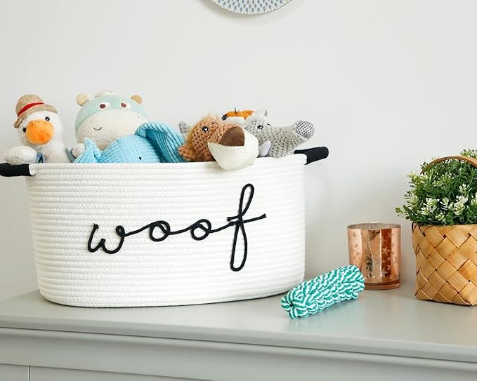 Triangle Pet Toy Basket Woven Puppy Bin -Durable Handle Storage Box for Organizing Dog Toys, Blankets & Accessories