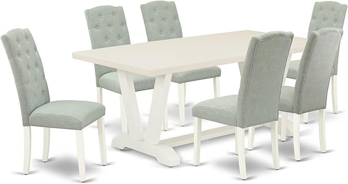 East West Furniture V027CE215-7 7 Piece Dining Room Table Set Consist of a Rectangle Kitchen Table with V-Legs and 6 Baby Blue Linen Fabric Parsons Dining Chairs, 40x72 Inch, Multi-Color