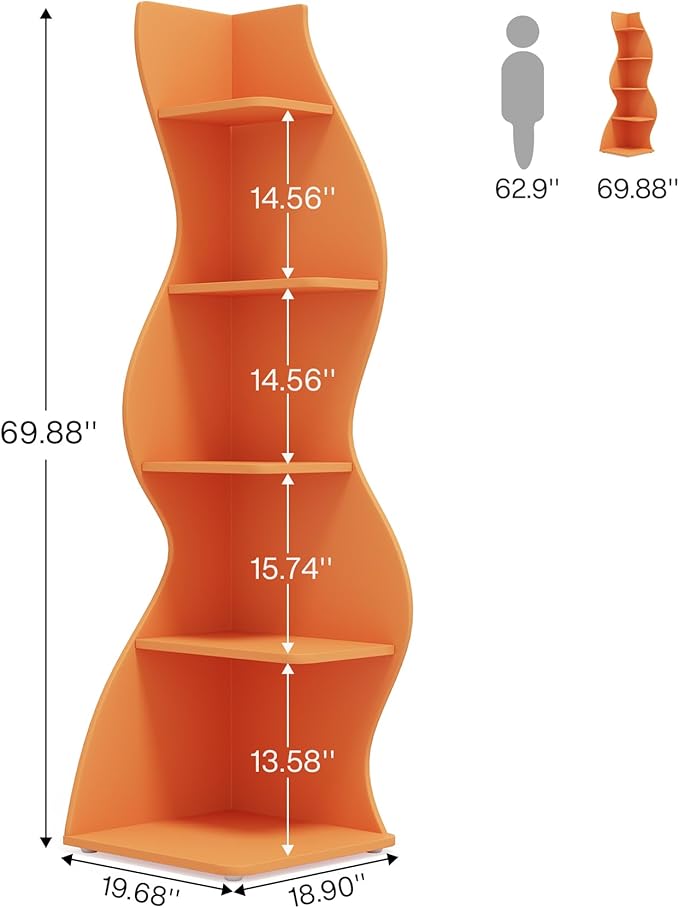 Tribesigns Corner Shelf, Modern 5-Tier Wall Corner Bookshelf, Stylish Corner Small Bookcase Storage Rack Plant Stand with Unique Shape for Living Room, Home Office (Orange, 2PCS)