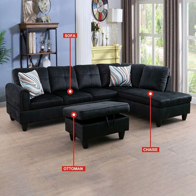 Black L-Shaped 3-Piece Flannel Sofa with Storage Ottoman Set, Sectional Couch Sofa Set for Living Room, Office, Small Space
