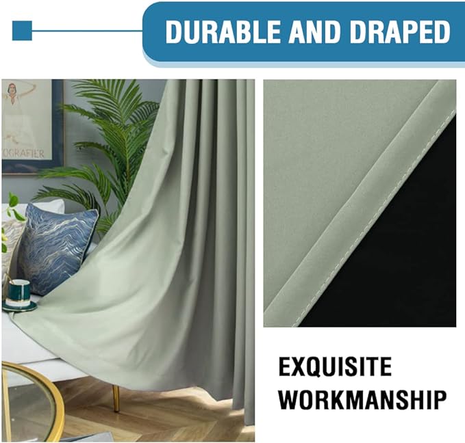 H.VERSAILTEX 100% Blackout Curtains for Bedroom Thermal Insulated Blackout Curtains 63 inch Length Heat and Full Light Blocking Curtains for Living Room with Black Liner 2 Panels Set, Light Sage