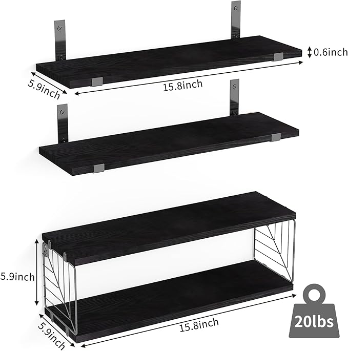 Fixwal 3+1 Tier Bathroom Floating Shelves Over Toilet, 15.8in Farmhouse Rustic Wood Shelves, Wall Decor for Bathroom, Living Room,Bedroom and Kitchen (Black)