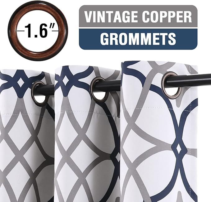 H.VERSAILTEX Blackout Curtains for Bedroom Printed Design 108 Inch Length Thermal Insulated Curtains for Living Room Geometric Modern Grommet Window Drapes 2 Panels Set, Dark Denim and Grey