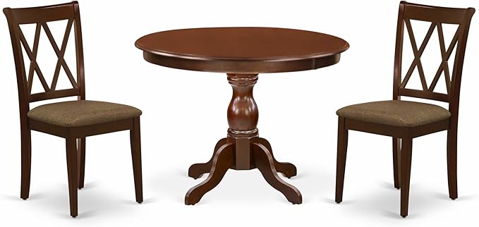 East West Furniture HBCL3-MAH-C 3 Piece Dinette Set for Small Spaces Contains a Round Dining Table with Pedestal and 2 Linen Fabric Dining Room Chairs, 42x42 Inch, Mahogany