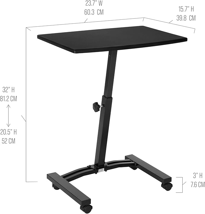 Seville Classics Airlift Mobile Height Adjustable Laptop Stand Computer Workstation for Sitting Classroom Home Office Medical Table w/Wheels, Flat Desk 24", Black