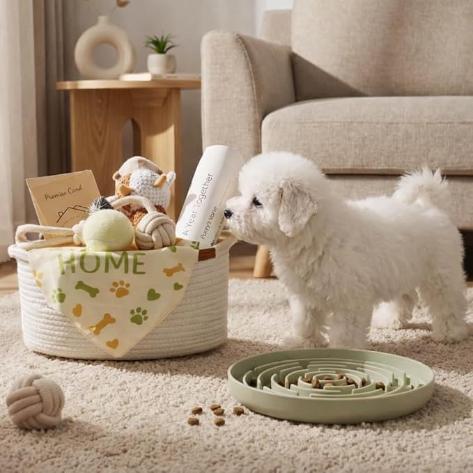 Puppy Welcome Home Gift Basket – New Puppy Starter Kit with Toys, Slow Feeder Bowl, Bandana, First Year Milestone Card & Promise Card, Puppy Gift Set for New Dog Owners