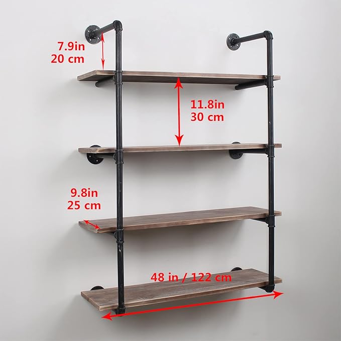 MBQQ Industrial Pipe Shelving Wall Mounted,48in Rustic Metal Floating Shelves,Steampunk Real Wood Book Shelves,Wall Shelf Unit Bookshelf Hanging Wall Shelves,Farmhouse Kitchen Bar Shelving(4 Tier)