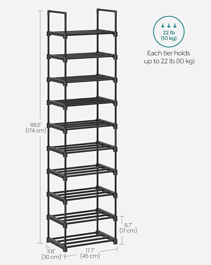 SONGMICS Shoe Rack, 10-Tier Shoe Organizer, Metal Storage Shelf, Upright or Upside Down, for 11-22 Pairs, for Entryway, 11.8 x 17.7 x 68.5 Inches, Black ULSA25BK