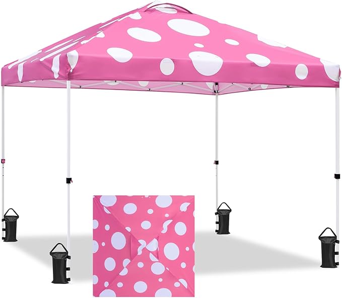 EAGLE PEAK Pop Up Canopy Tent with Wheeled Carry Bag, 8 Stakes, 4 Ropes, 4 Weight Bags, Easy Set Up Tent Canopy, 10x10 ft, 100sqft of Shade, Pink Mushroom