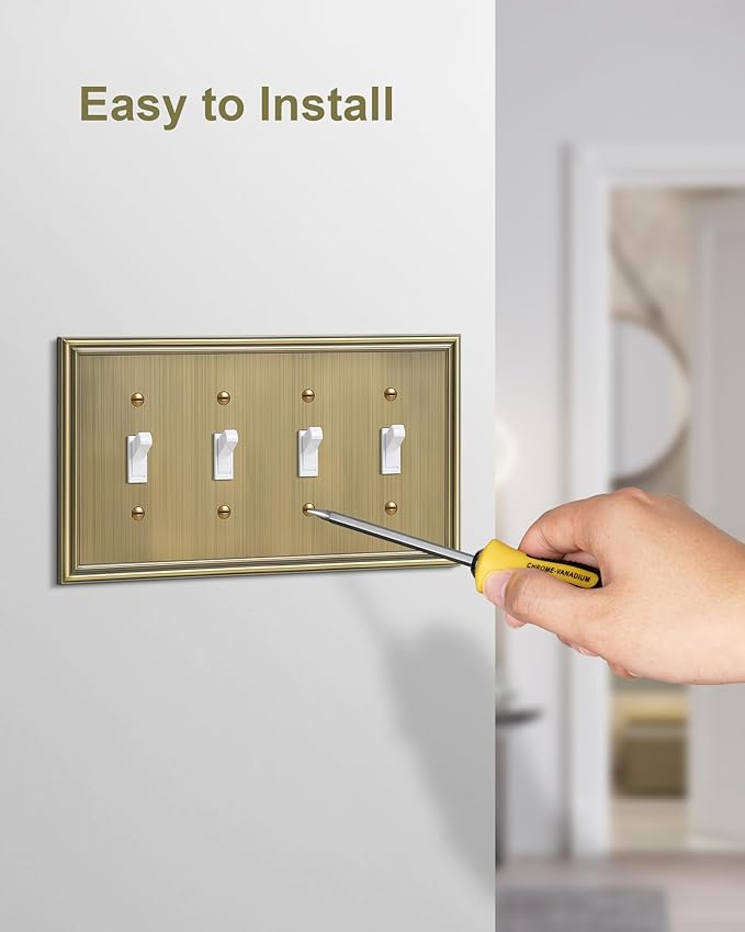 2-Pack Quad Toggle Light Switch Cover Plate, Durable Zinc Alloy Decorative Switch Plate Covers, Antique Brass 4 Gang Wall Plate for Toggle Light Switch and Rotary Dimmer Switch