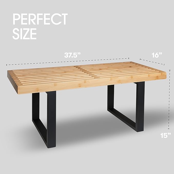 Bamboo Nelson Slat Wooden Bench, Small Wood Benches for Entryway, Living & Dining Room, Kitchen, Bedroom, Bathroom, Hallway, Front Door, For Indoor & Outdoor Patio Use, Mid Century Modern Decor
