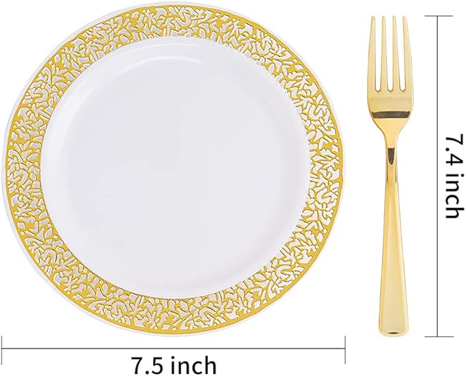 WDF 100pcs Gold Dessert Plates 7.5" with 100 Pieces Disposable Forks 7.4", Lace Design Fancy Appetizer Small Salad and Cake Plates for Thanksgiving Party/Weeding