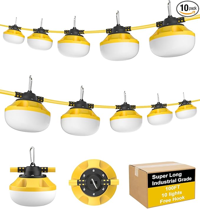 100FT LED Construction String Lights 10 Bulbs,10000LM,Industrial Grade,Weatherproof, Linkable 5000K Super Bright for Job Sites, Mining, Patios & Outdoor Work,Free for Climbing Hook 2Prong