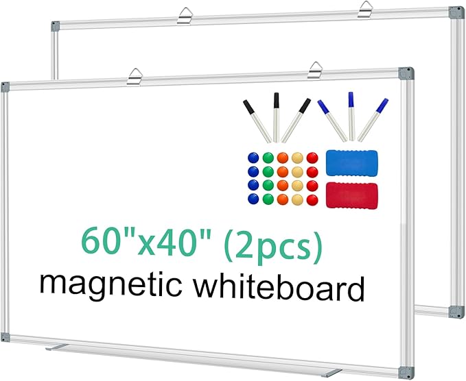 H-Qprobd Whiteboard Dry Erase White Board for Wall 60x40 (2pcs) Magnetic Boards for Office Classroom & Home, Large Wall White Board Including 6 Markers, 20 Magnets, 2 Erasers