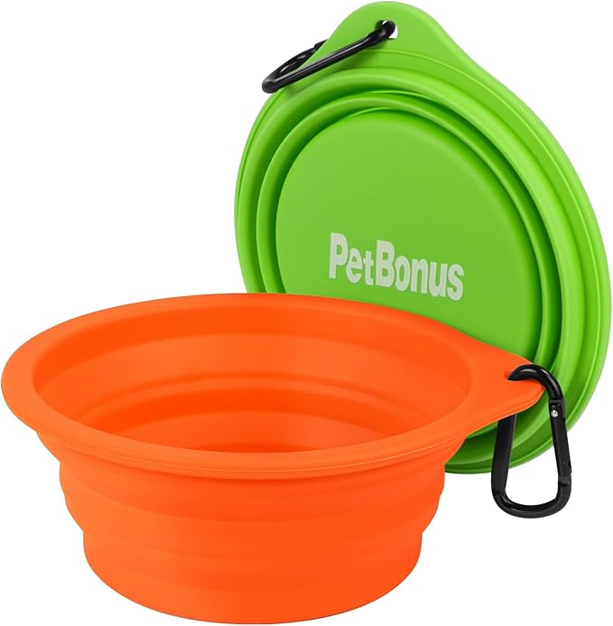 PetBonus 2-Pack Silicone Collapsible Dog Bowls, BPA Free Dishwasher Safe, Portable Foldable Expandable Travel Bowl, Food Water Feeding Cup Dish for Dogs Cats with 2 Carabiners (Green, Orange)