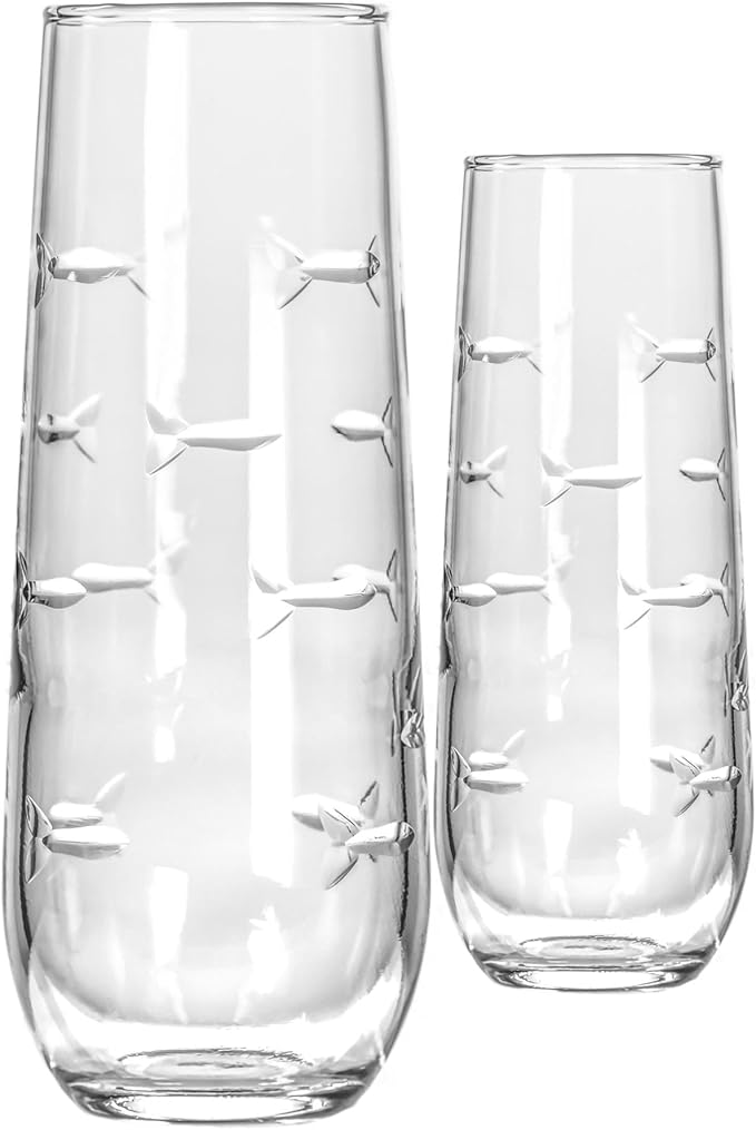 Rolf Glass School of Fish 8.5oz Stemless Champagne Flute Glasses | Toasting Flute Glasses | Lead-Free Glass | Etched Flute Glasses | Proudly Made in the USA (Set of 2)