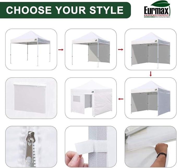Eurmax USA 10'x10' Pop-up Canopy Tent Commercial Instant Canopies with 4 Removable Zipper End Side Walls and Roller Bag, Bonus 4 SandBags(White)