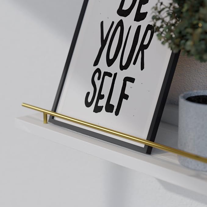 WOPITUES Floating Shelves 24 inch with Gold Metal Guardrail, Shelves for Wall Decor Set of 3, Wall Shelves for Bedroom, Bathroom, Kitchen, Living Room, Plants, Picture Frames, Art- White and Gold