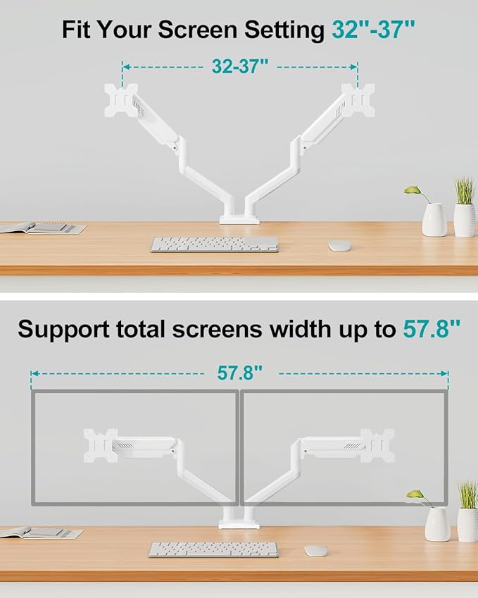 Dual Monitor Arm Desk Mount Fits 13 to 32 inch Computer Screens, Holds 4.4 to 22lbs Display VESA Mount, Adjustable Double Monitor Stand with Clamp/Grommet Base, 75/100mm Bracket, White, Freelift