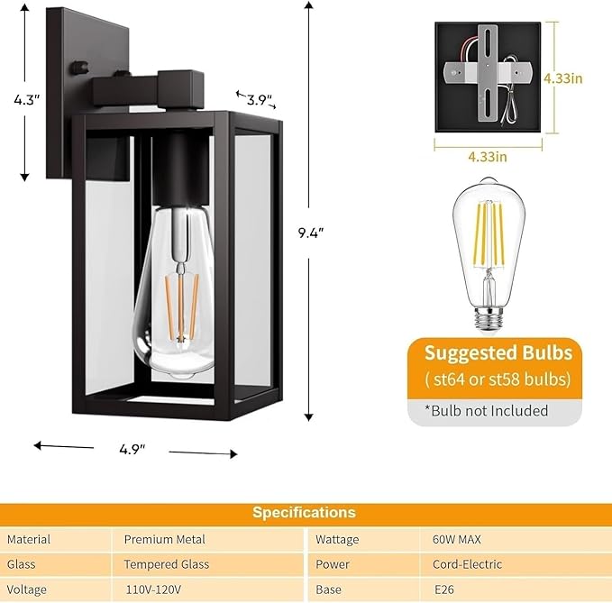 Outdoor Wall Lights, Black Exterior Light Fixtures Wall Mount, Aluminum Porch Wall Sconce Waterproof Outside Light for House 2 Pack Front Door Light for Patio Garage Doorway