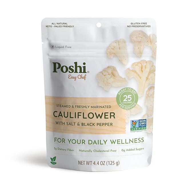 POSHI Marinated Cauliflower Florets with Salt + Black Pepper Natural, Keto, Vegan, Non GMO, Low Carb + Calorie, Gluten Free Ready to Eat Fully Cooked Vegetables, Pentry Food, Gourmet, 6 Pack, 4.4 oz