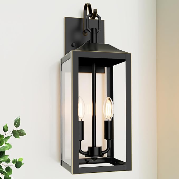 18'' Large Outdoor Wall Lights, Exterior Waterproof Modern Wall Sconce Light Fixture, Industrial Front Porch Light with Clear Glass, Matte Black Gold Anti-Rust Outdoor Lights for House Garage Doorway